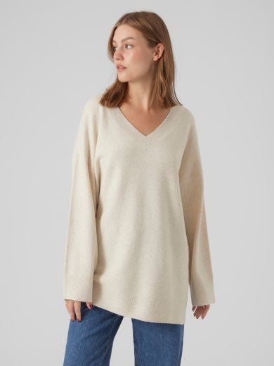 Jumper: Fine Knit V Neck Long DOFFY - Birch Cream - Vero Moda