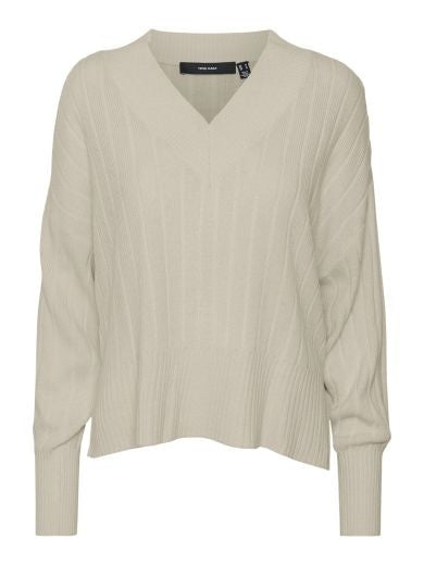 Jumper: Fine Knit Wide V-Neck Lines EVALU  - Oatmeal Cream - Vero Moda