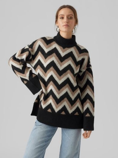 Jumper: Knit High Neck Zig Zag Long KALINA - Black Brown & Beige - Vero Moda