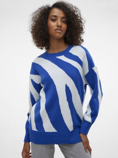 Jumper: Knit Round Neck Scalloped Pattern NANCY - BLUE & WHITE - Vero Moda