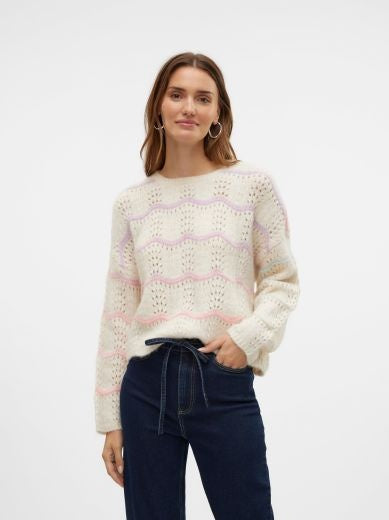 Jumper: Knitted Round Neck Zig Zag Stripes HATTY - Cream and MultiColour - Vero Moda