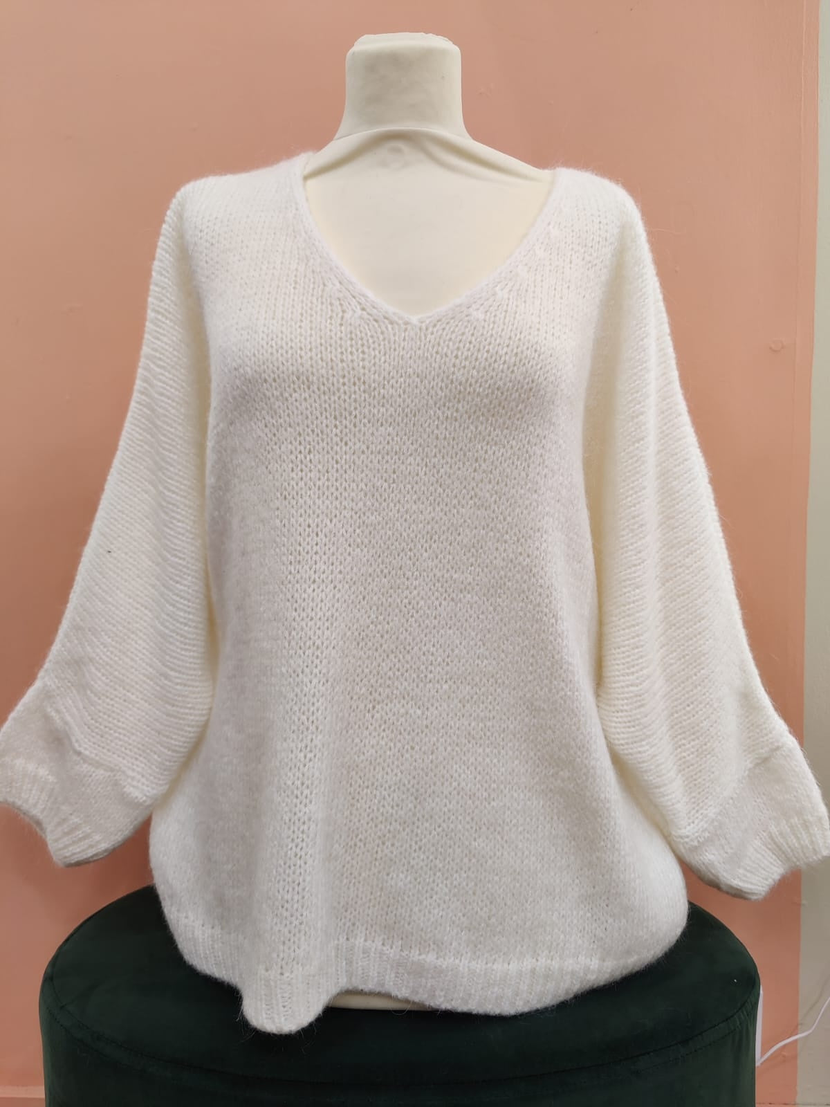 Jumper: Mohair Mix V Neck Cropped Sleeve -  Cream - One Size Italian Clothing