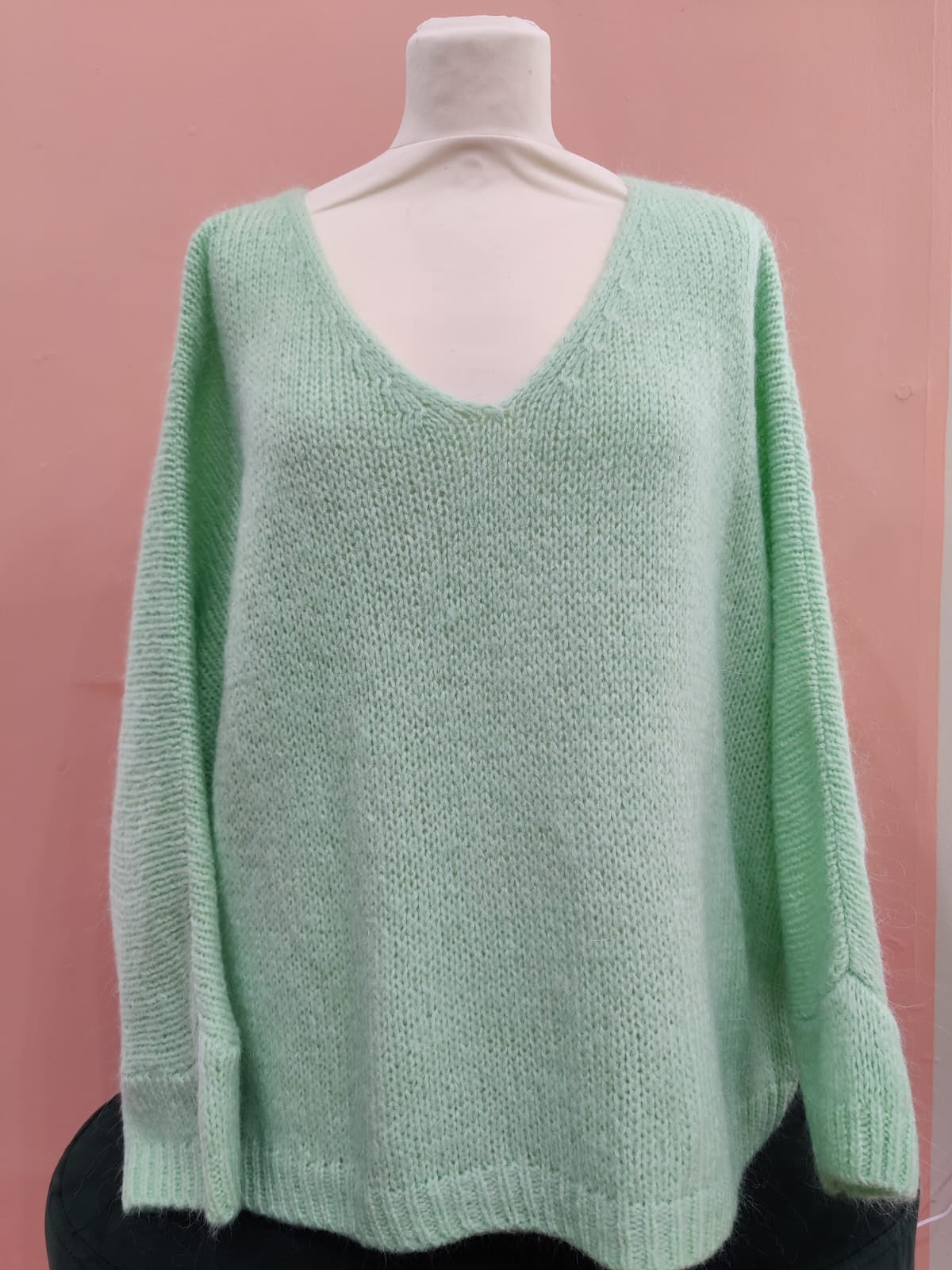 Jumper: Mohair Mix V Neck Cropped Sleeve -  Mint Green - One Size Italian Clothing