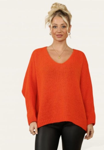 Jumper: Mohair Mix V Neck Cropped Sleeve -  Neon Orange - One Size Italian Clothing