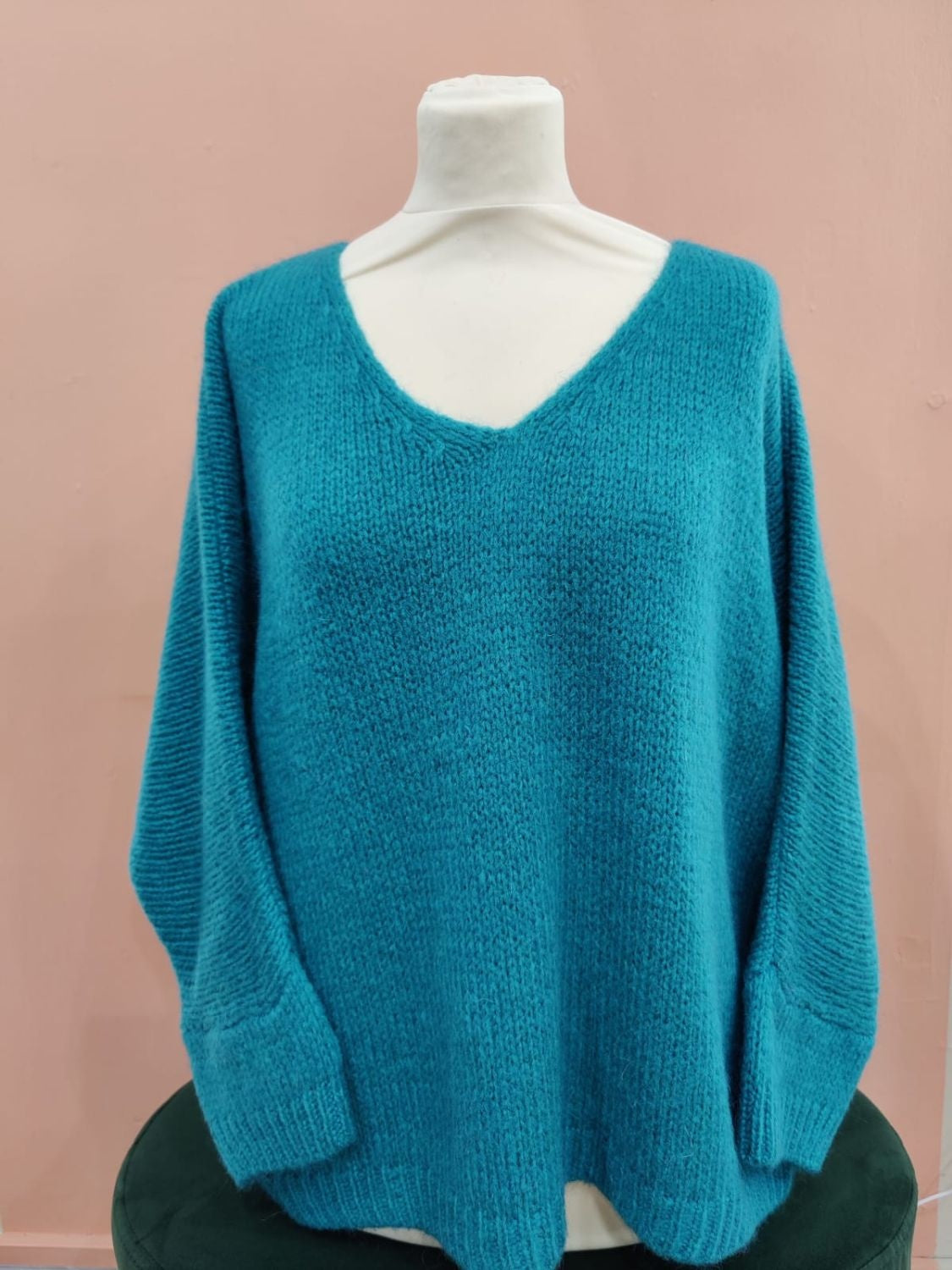 Jumper: Mohair Mix V Neck Cropped Sleeve -  Teal Blue - One Size Italian Clothing