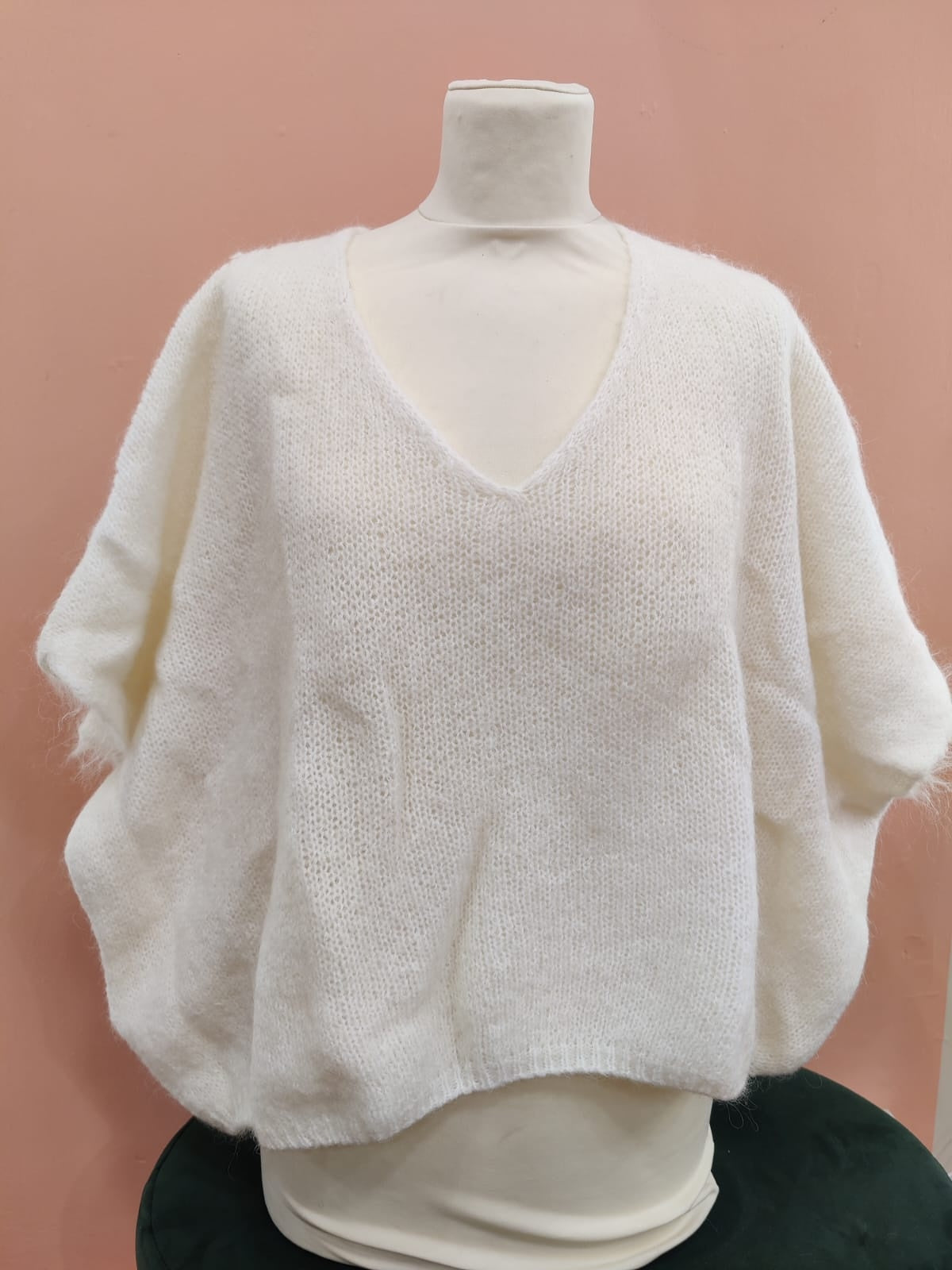 Jumper: Mohair Mix V Neck Short Sleeve Drop Shoulder -  Cream - One Size Italian Clothing