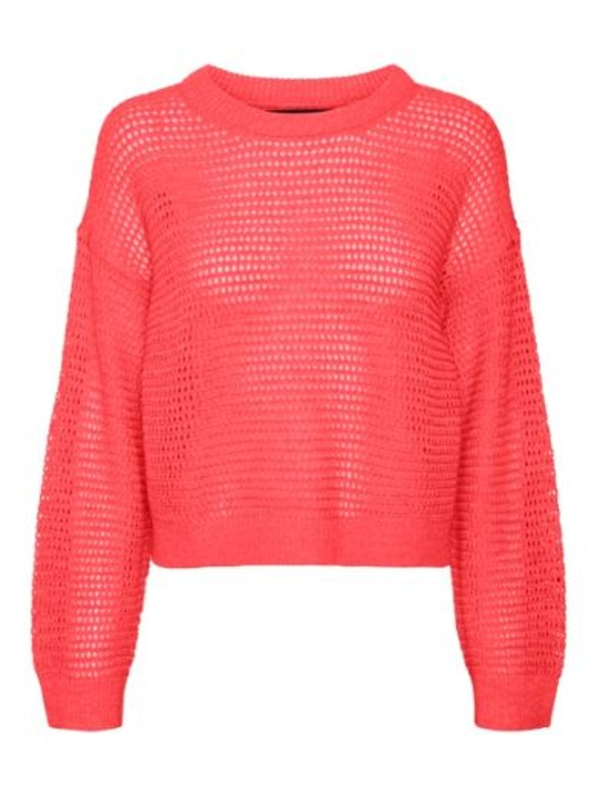 Fine Knit Jumper: Open Knit Round Neck Long Sleeve NEWMADERA - Coral Pink - Vero Moda