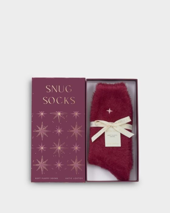 Socks: Gift Boxed Fluffy Soft Embroidered Star - Cherry - Katie Loxton