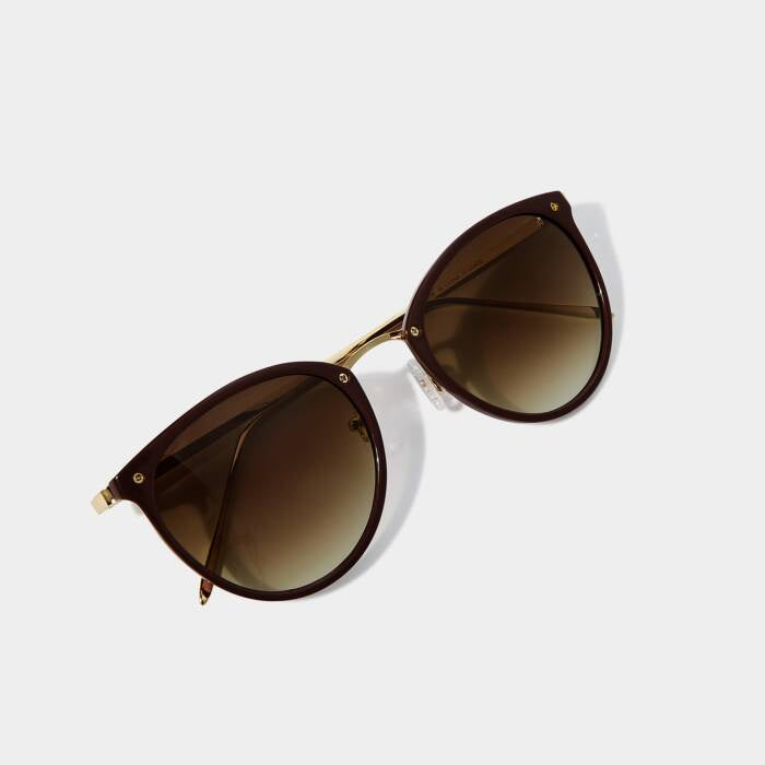 Sunglasses: Santorini Round Gold Arms UV Protection - Cacao Brown - Katie Loxton