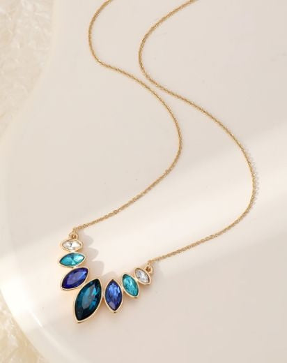 Necklace: Short Elipse Row Stones - Gold & Blue Shades - Gracee Jewellery