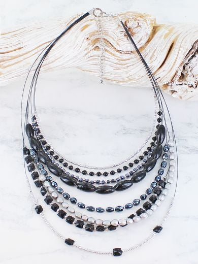Necklace: Wood Beaded Metallic Multi Strand Layered - BLACK  Suzie Blue