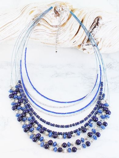 Necklace: Wood Beaded Multi Strand Layered - BLUE  Suzie Blue