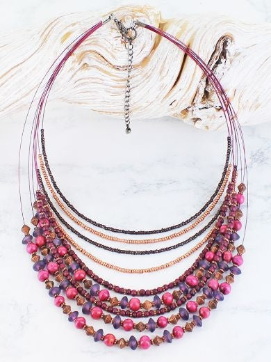 Necklace: Wood Beaded Multi Strand Layered - PINK & PURPLE  Suzie Blue