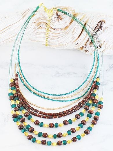 Necklace: Wood Beaded Multi Strand Layered - TEAL & BROWN  Suzie Blue