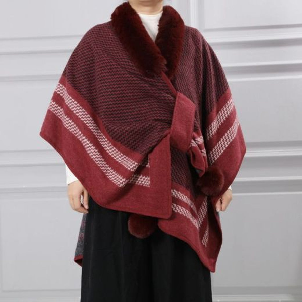 Poncho: Faux Fur Pull Through Zig Zag Pom Pom - Burgundy - One Size