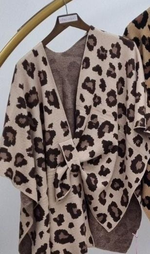 Poncho: Pull Through Animal Print - Taupe - One Size