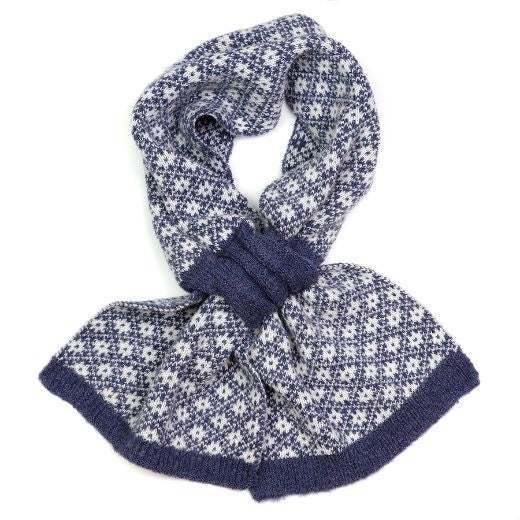 Pull Through Scarf: Knitted Check Scandi Floral - DARK DENIM BLUE - POM