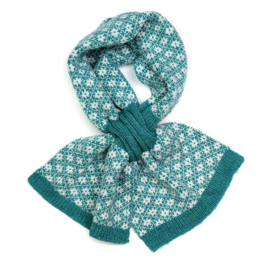 Pull Through Scarf: Knitted Check Scandi Floral - JADE GREEN - POM