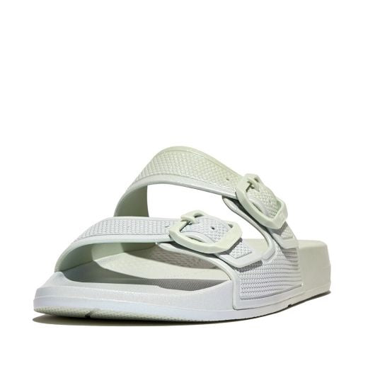 Slider Sandals: IQUSHION IRIDESCENT TWO-BAR BUCKLE SLIDES - Sagebrush/Skywash Blue - Fitflop