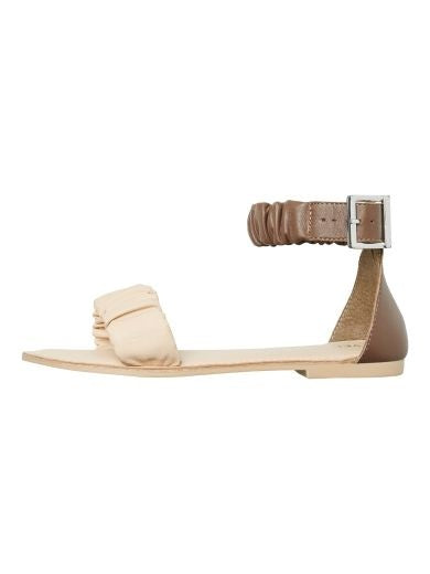 Sandals: Leather Ankle Strap Ruffle Round Toe Flat Edith - Cream & Brown - Vero Moda