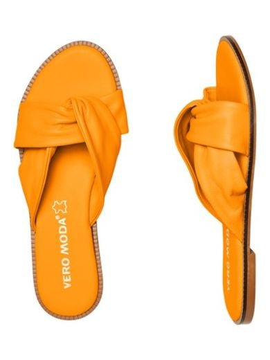 Sandals: Leather Slip On Round Toe Crossover Flat - Bright Orange - Vero Moda: UK Size