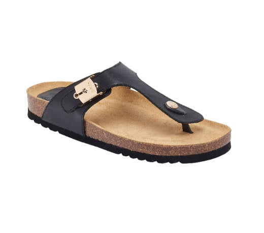 Sandals: Leather Toe Post Gold Buckle Cushion Sole MAYA - BLACK - Scholl Shoes