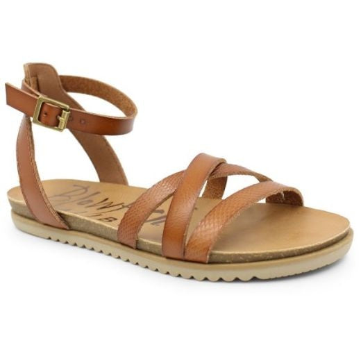 Sandals: Vegan Leather Strappy Ankle Cross Over Front Maylie - Tan - Blowfish Malibu