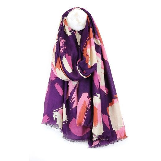 Scarf: Bamboo Viscose Brush Stroke Print - Purple Pink - POM