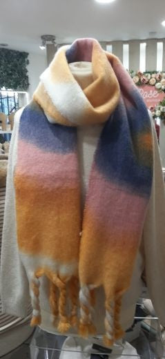 Scarf: Chunky Blanket Soft Touch Large Check Tassels - Pink Orange & Blue