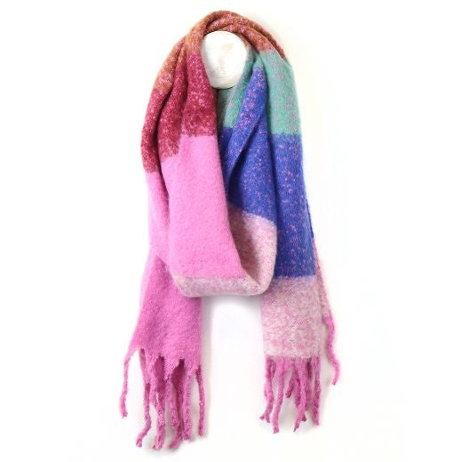 Scarf: Chunky Fluffy Colour Block Fringe - Pink Mix - POM