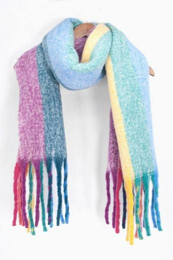 Scarf: Chunky Fluffy Stripe RAINBOW Fringe - Multi Colour - SARTA