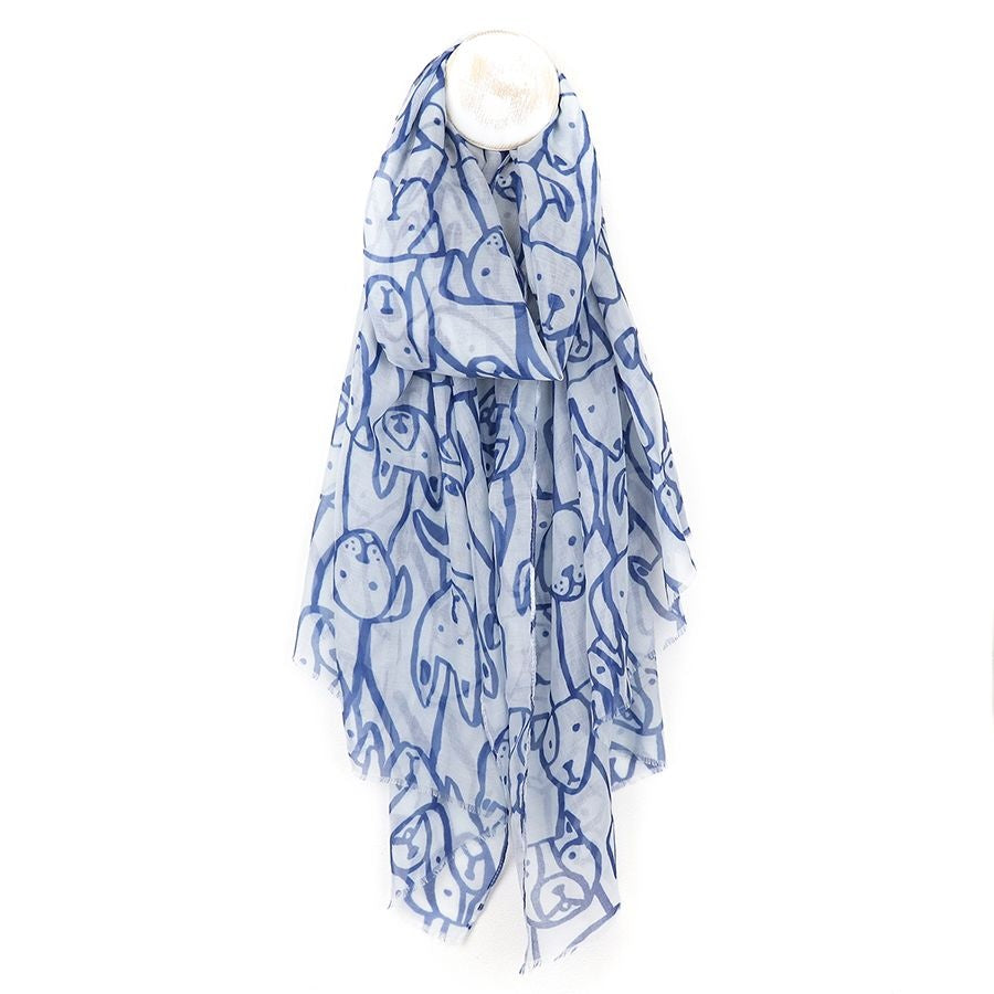 Scarf: Lightweight Dogs Sketch  - Blue & White - POM
