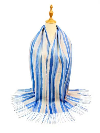 Scarf: Lightweight Stripe Glitter Tassels  - Blue