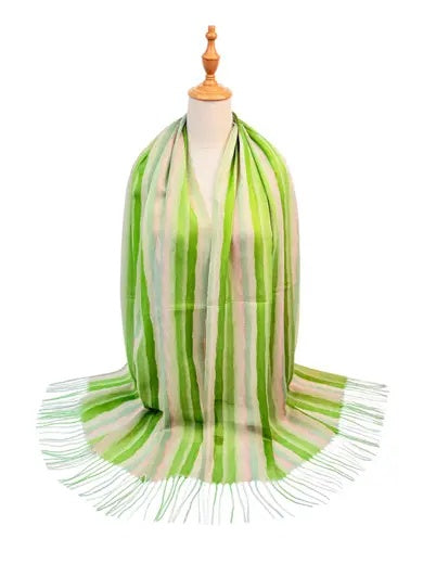 Scarf: Lightweight Stripe Glitter Tassels  - Green