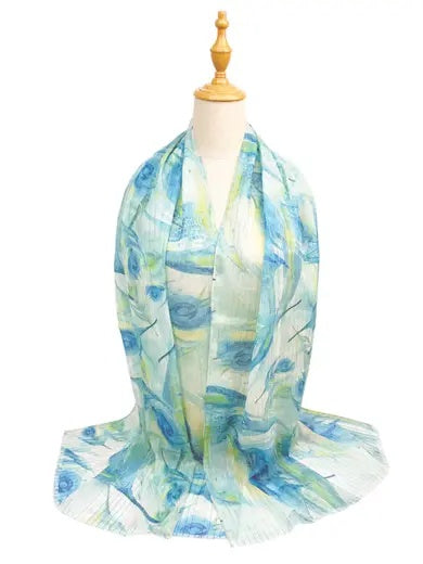 Scarf: Lightweight Swirly Roses Metallic gold Stripe  - Blue