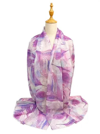 Scarf: Lightweight Swirly Roses Metallic gold Stripe  - Purple