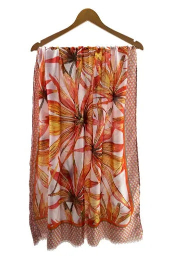 Scarf: Lightweight Tropical Flowers Metallic Gold  - Orange