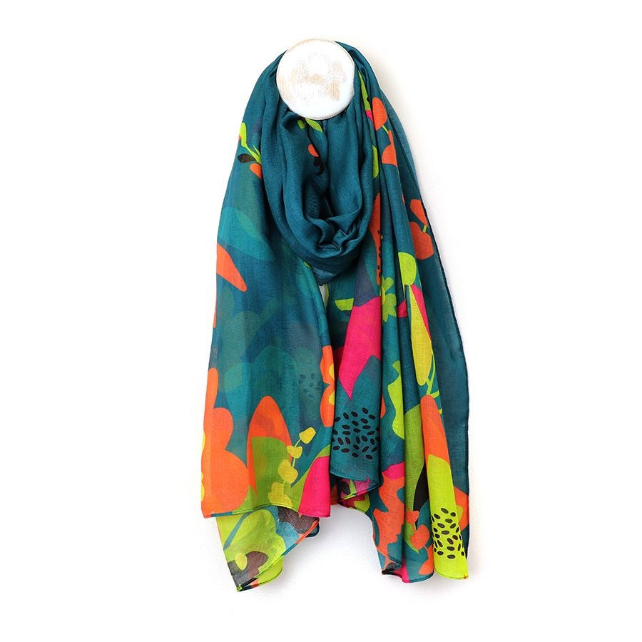 Scarf: Lightweight Tropical Paradise  - Teal Green & Multicolour - POM