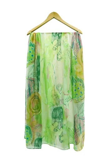 Scarf: Lightweight Watercolour Leaves & Flowers  - Green