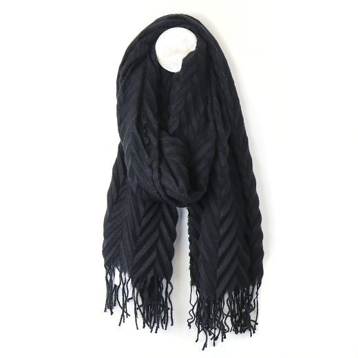 Scarf: Midweight Pleated Herringbone Plain Fringe - BLACK - POM