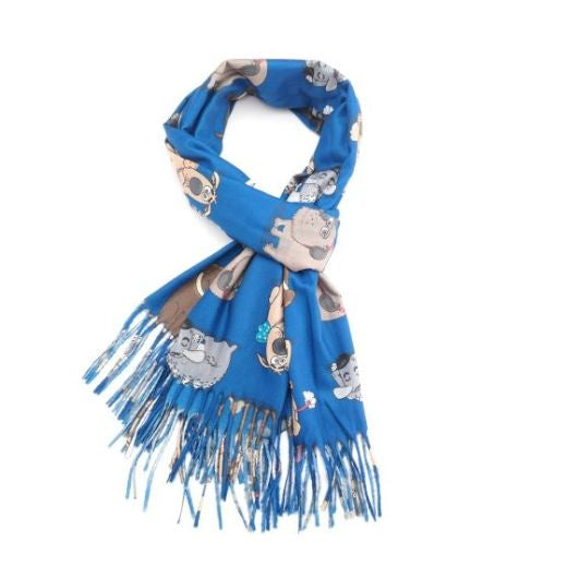 Scarf: Soft Touch Cartoon Dogs Fringe - Royal Blue