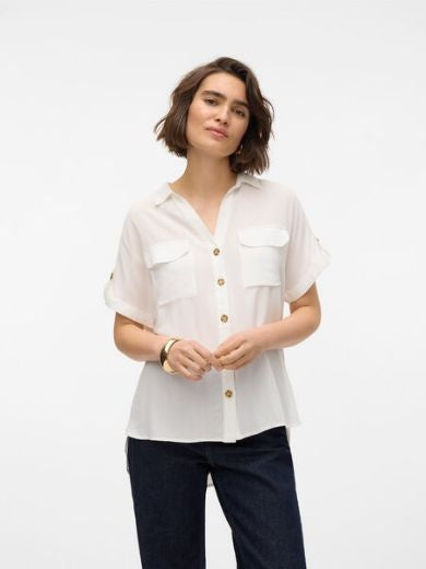 Shirt: Collar Buttons Short Sleeve BUMPY - Snow White - Vero Moda