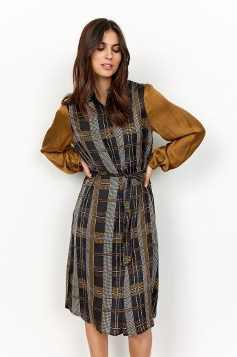 Shirt Dress: Sustainable Viscose Silk Check Long Sleeve Gerd - Camel Brown