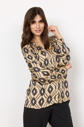 Shirt: Viscose V Neck Long Sleeve Diamond Print TAMMI - SAND BEIGE - Soya Concept
