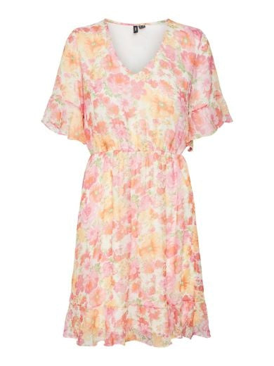 Short Dress: Chiffon V Neck  Floral Print SMILLA - PINK & ORANGE - Vero Moda