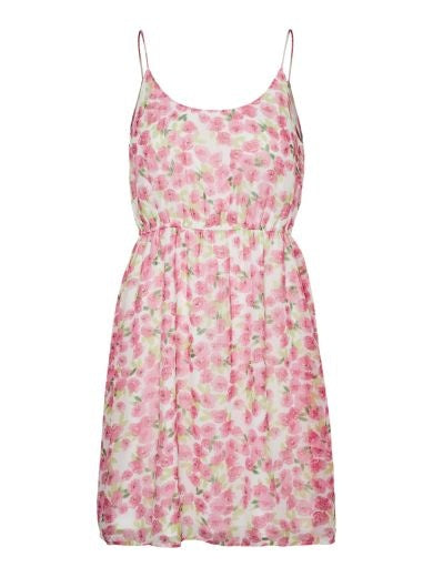 Short Dress: Chiffon V Neck Short Thin Strap Floral SMILLA - White & Pink - Vero Moda