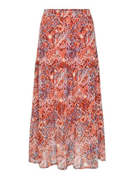 Skirt: Recycled  Tiered Aztec Print  ONLVIKKI  - Coral Orange & Blue - ONLY