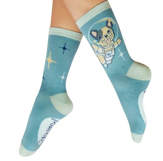 Socks: Ankle Bamboo Frenchie In Space - Ice Blue - FASHION - Powder Designs Ltd