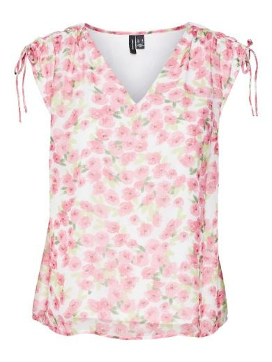 Top: Chiffon V Neck Sleeveless Floral SMILLA - White & Pink - Vero Moda