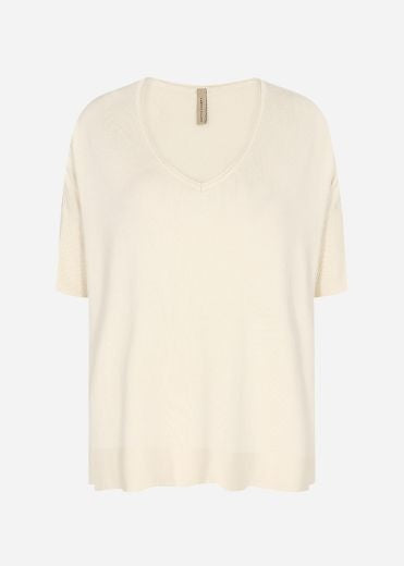 Top: Fine Knit Plain V Neck Short Sleeve Eireen - Cream - Soya Concept